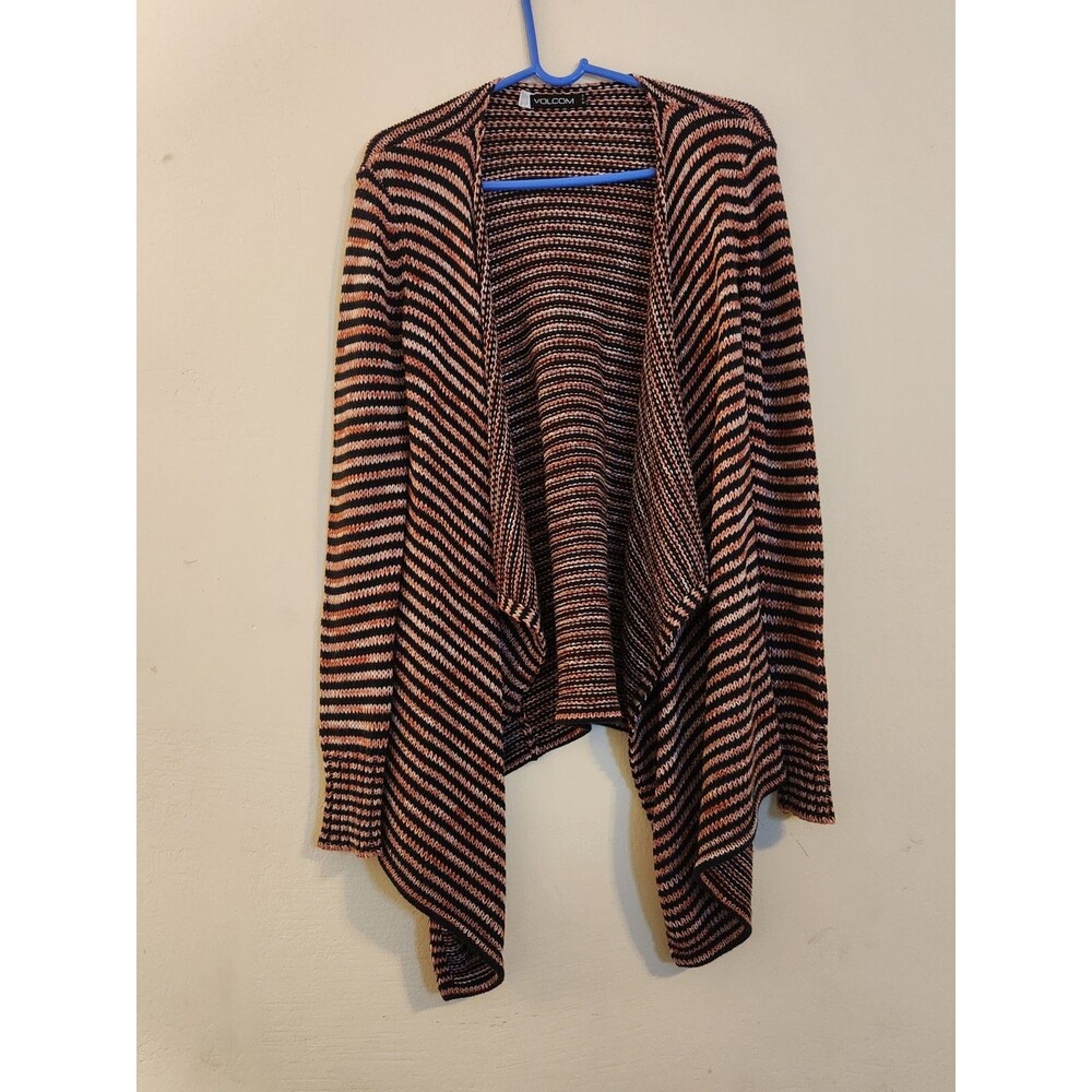 Volcom Women's Small‎ Open Cardigan Sweater Rust Black Stripe Waterfall Hi-Low